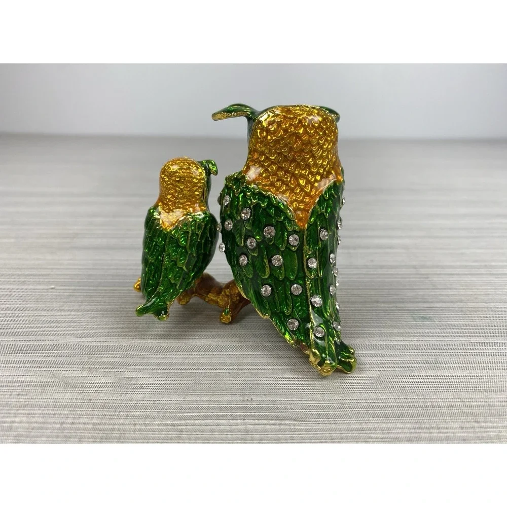 Owl Trinket Box Green Enamel Goldtone Rhinestones‎ Magnetic Closure Vintage
